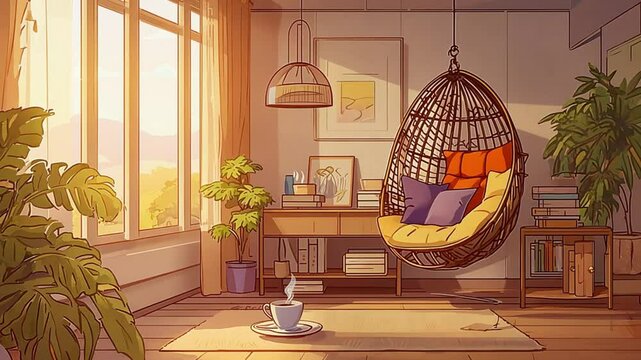 Animated virtual backgrounds, stream overlay loop, cozy lo-fi living room at sunset, Vtuber asset twitch zoom OBS screen, chill hip hop, hand-drawn, Japanese 2D anime style animation 4K video