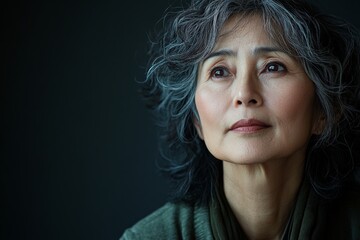 Fototapeta premium Portrait of a thoughtful woman with gray hair in a serene indoor setting