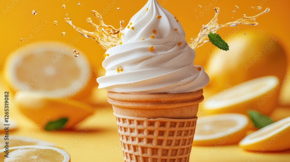 Poster refreshing lemon ice cream cone with splash and lemon slices on vibrant yellow background
