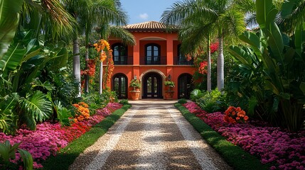 Fototapeta premium Private villa entrance framed by giant tropical leaves, tall palm trees, and colorful blooming flowers with copy space