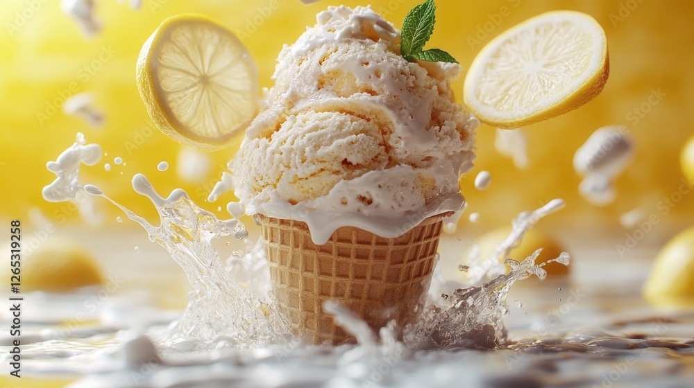 Poster refreshing lemon ice cream cone with splash and lemon slices