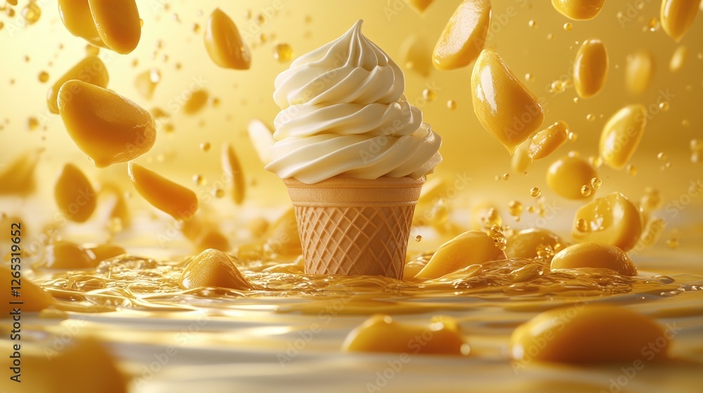 Poster creamy soft serve ice cream with mango splash in waffle cone against yellow background