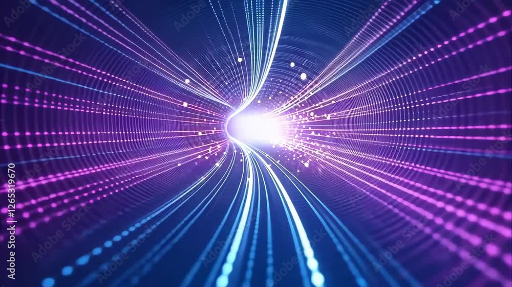 Poster a vibrant, abstract representation of light beams and particles flowing through a tunnel, creating a