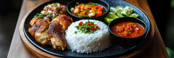 Delicious indonesian dish featuring grilled chicken in coconut milk, served with rice, vegetables, and flavorful sauces