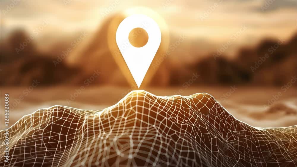 Poster a stylized landscape with a location pin icon, illustrating a blend of technology and mapping concep