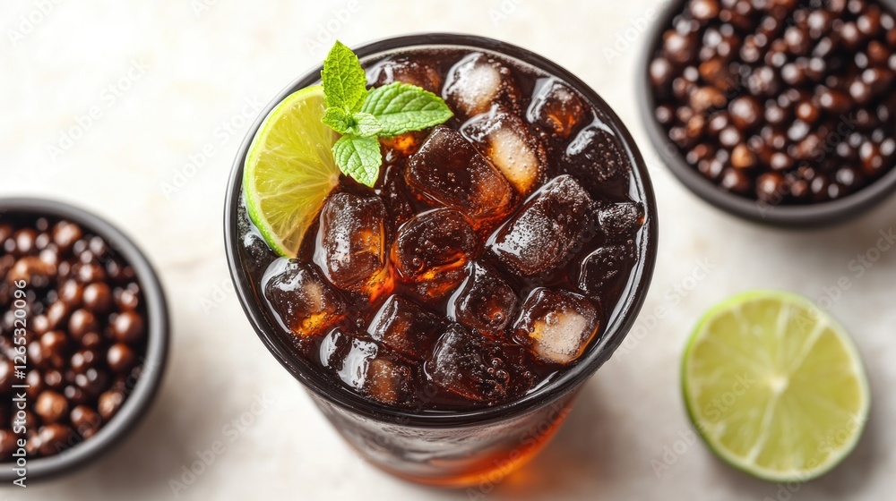 Poster refreshing iced bubble tea with lime and mint garnish in close-up view