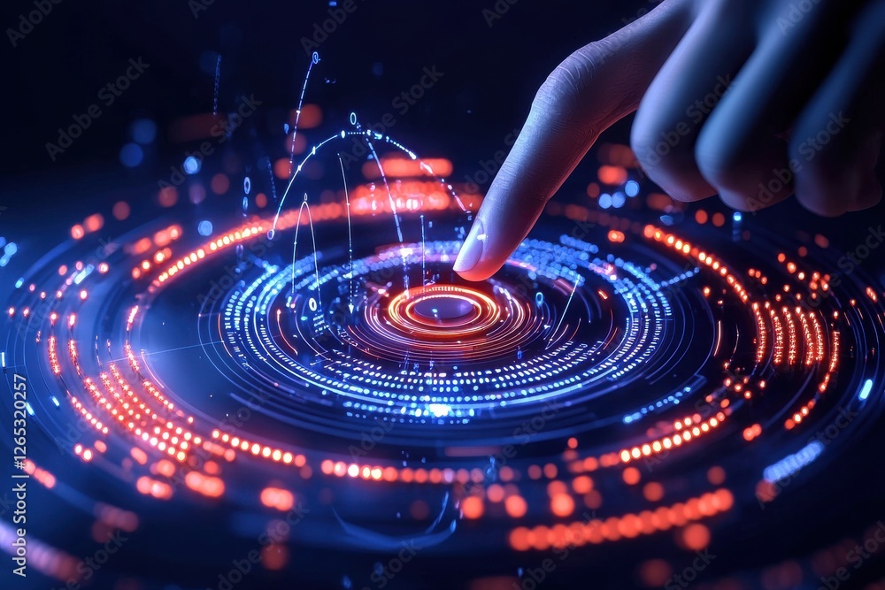 Poster a futuristic hand interacts with a glowing circular interface, emitting colorful light patterns and 