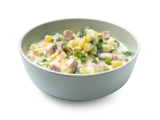 Delicious okroshka soup in bowl isolated on white