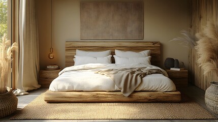 Modern rustic home interior with warm natural hues, featuring exposed wood, beige textiles, and soft amber lighting with copy space
