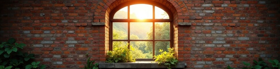 Aged window, weathered brick wall, sunlight streams through, old, decay, grunge