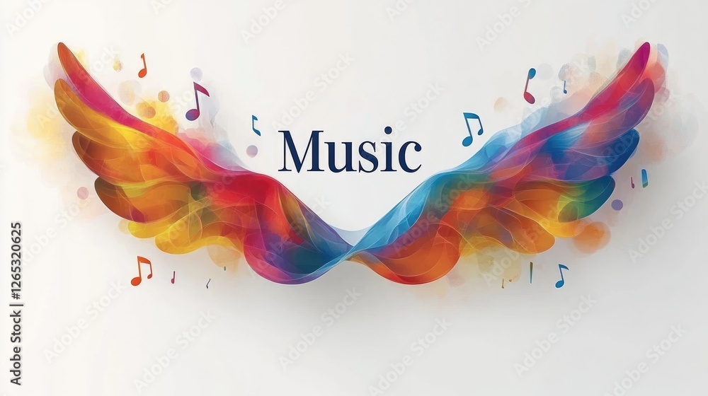 Poster colorful abstract wings representing music with floating notes