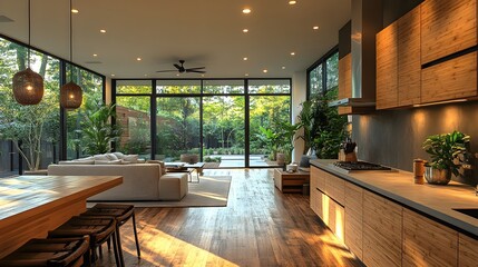 Fototapeta premium Sustainable kitchen with recycled wood countertops, bamboo cabinets, and energy-efficient lighting with copy space