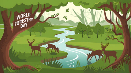 Forestry Day, World Forestry Day, Forest River Scene. World Forestry Day Poster, with Deer, Nature Preservation Concept. World Forestry Day Banner.


