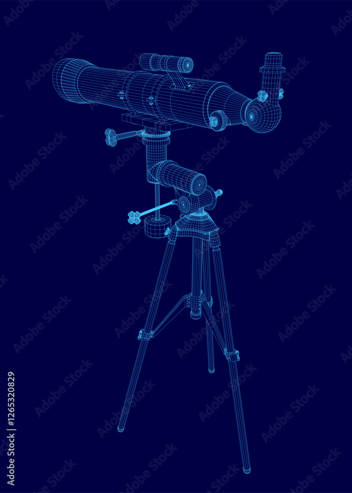 Poster a blue image of a telescope. the image is in a 3d format and is very detailed. the telescope is on a