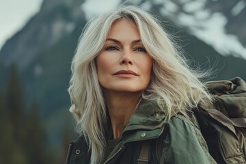 Naklejka premium Portrait of a woman enjoying nature with mountains in the background during a sunny day in the wilderness