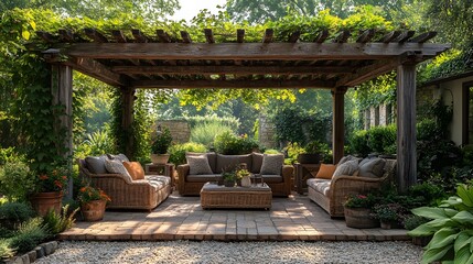 Obraz premium Rustic outdoor patio with recycled wood pergola, sustainable furniture, and lush greenery with copy space