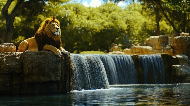 Majestic lion rests by zoo waterfall