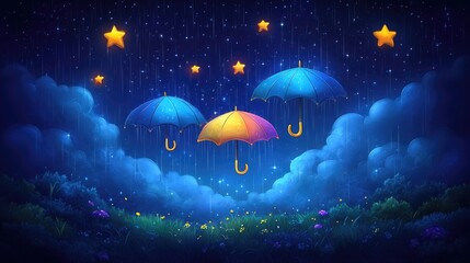 Whimsical night sky with colorful umbrellas and glowing stars in a dreamlike setting