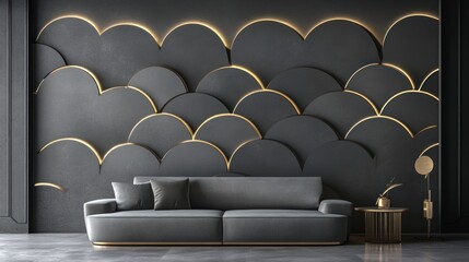 Fototapeta premium Modern gray sofa, dark wall, gold accents, interior design, living room