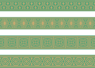 Vector seamless European gold and green ornament. Endless ornament, medieval.Renaissance border. Decorations of palaces and churches
