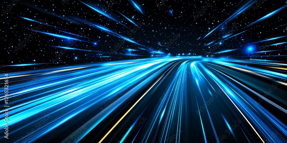 Poster fast motion blue lines, abstract speed and motion background with light trails effect over dark blue