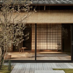Japanese house with sliding doors and blossoming tree outside