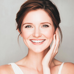 Smiling woman portrait studio photography bright setting close-up happiness