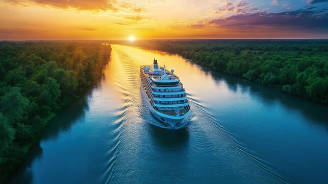 Ai generated cruise ship navigating river at sunset creating scenic landscape