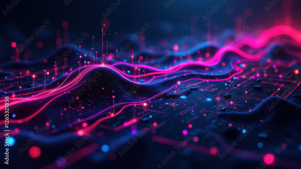 Poster vibrant digital art showcasing a futuristic network with abstract elements of ci/cd processes in a c