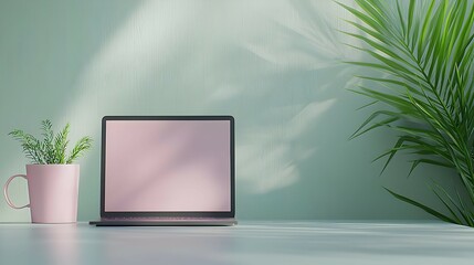 Pink Laptop Mockup With Plant And Mug On Desk