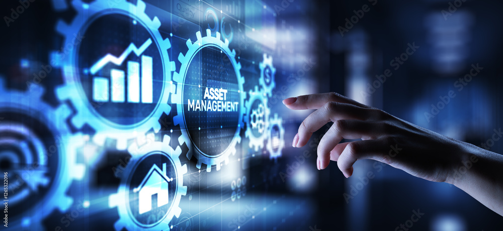 Poster asset management business technology internet concept button on virtual screen.