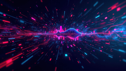 Fototapeta premium Image shows a dynamic digital landscape representing ci/cd, docker, kubernetes, and devops themes with vibrant colors and abstract shapes.