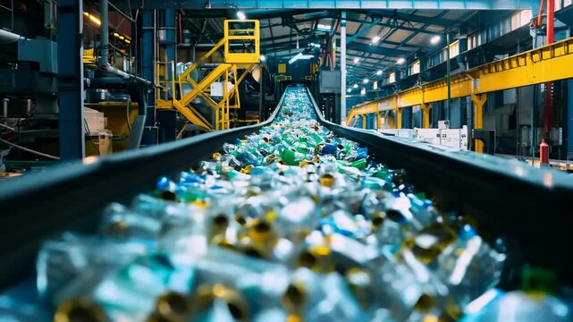 A conveyor belt in a recycling plant transports crushed plastic bottles for processing. The scene highlights sustainability, waste management, environmental protection, and the importance of plastic