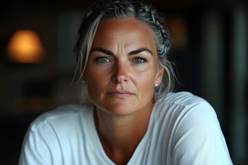 Intense gaze of a woman with braided hair in a cozy indoor setting during daylight
