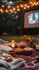 Fototapeta premium Outdoor Movie Night Picnic Snacks and Flowers