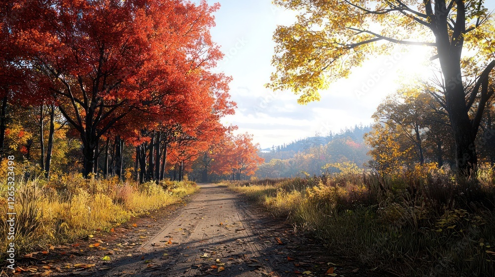 Poster autumn forest path with colorful trees