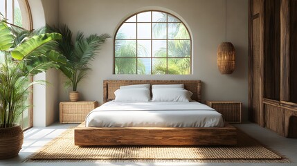 Minimalist tropical bedroom with natural cross-ventilation, soft linen textiles, and bamboo furniture with copy space