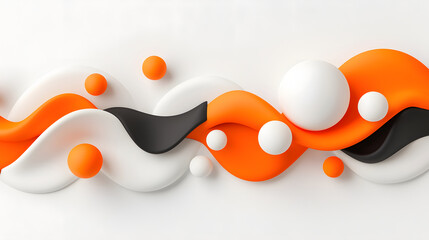 Abstract design featuring flowing shapes in orange, black, and white, with spherical elements creating dynamic visual effect. This composition evokes sense of movement and creativity