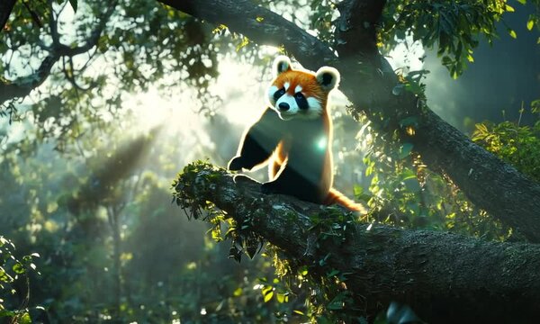 Calm Red Panda on Tree Branch with Vibrant Coat and Gentle Fluttering Leaves in Sunlight
