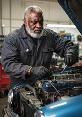 Fototapeta premium Old black Mechanic repairing engine with tools in automotive workshop