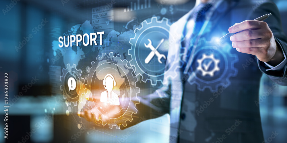 Aufkleber support button on virtual screen. customer service and communication concept.