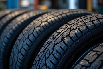 Close-Up View of Multiple Treaded Tires in an Automotive Workshop