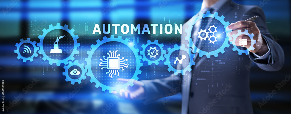 Poster automation gears icon rpa software development business process optimisation innovation technology.