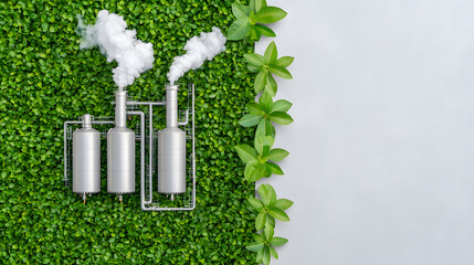 Eco friendly biofuel plant with smoke emissions on green foliage
