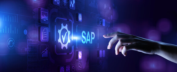 SAP software business process automation. ERP enterprise resource planning system on virtual screen.