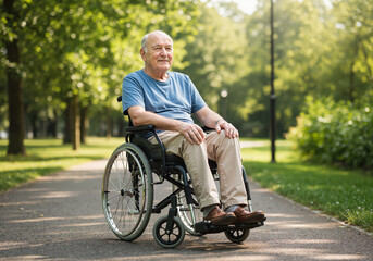 Obraz premium Elderly man smiling in wheelchair on sunny park path