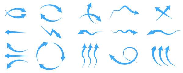 Set of blue arrow showing wind air flow isolated on white background, air direction