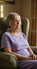 Obraz premium woman with Alzheimer, Elderly woman looking thoughtfully while sitting in an armchair