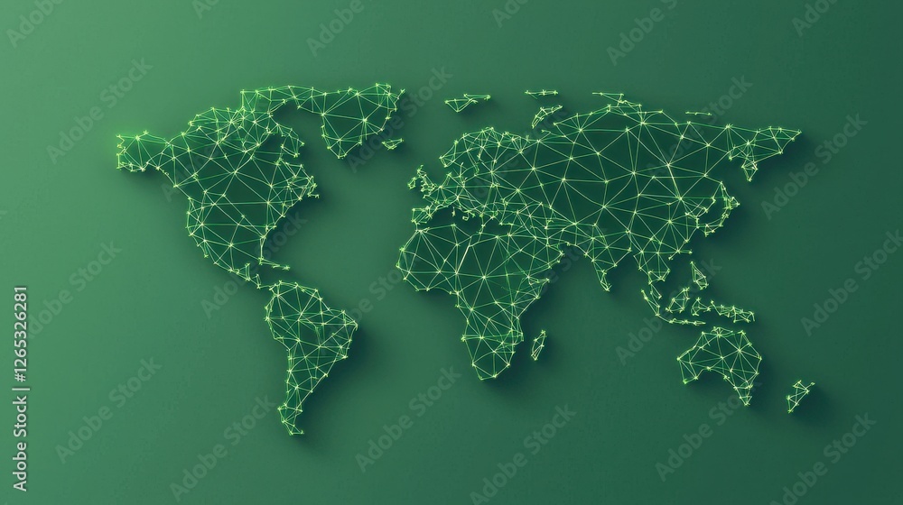 Poster a stylized green map of the world made of interconnected lines and nodes, symbolizing connectivity a