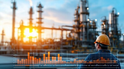 Industrial Petrochemical Facility with Worker Overseeing Operations During Sunset, Visualizing Production Metrics and Data Analysis